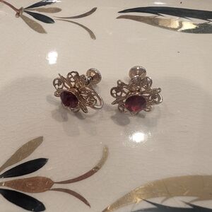 Gold and Red Clip On Earrings